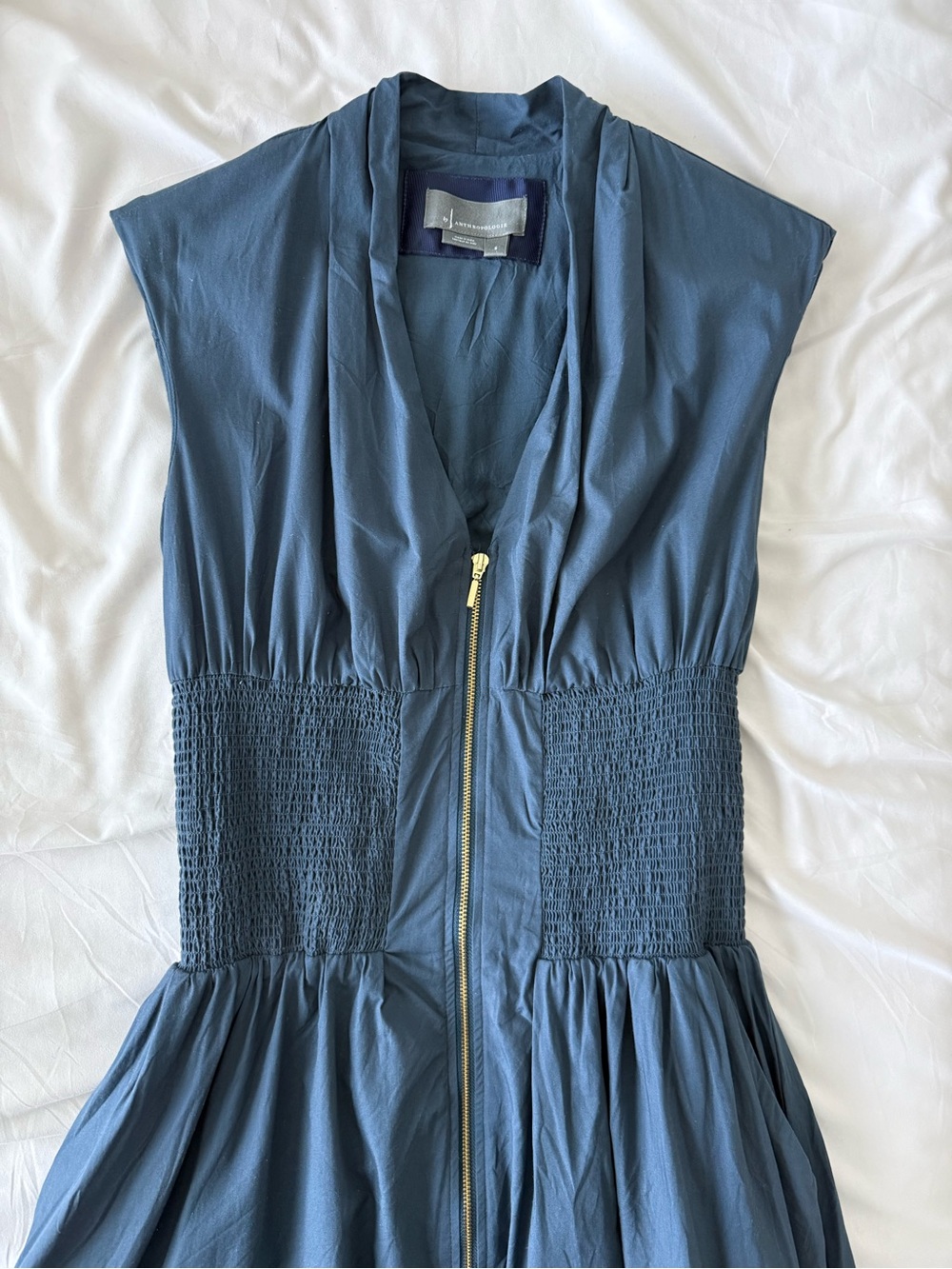 Anthropologie Tommie Zip Front Midi Dress Blue Size Small Cotton Cap Sleeve - Picture 5 of 8